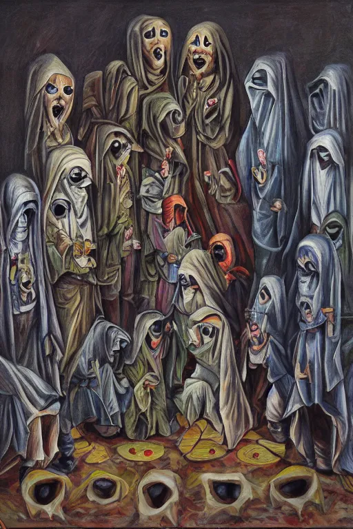 Image similar to hooded disciples in masks praying to an electric eye monument in a brutalist courtyard, lowbrow surrealism, oil on canvas