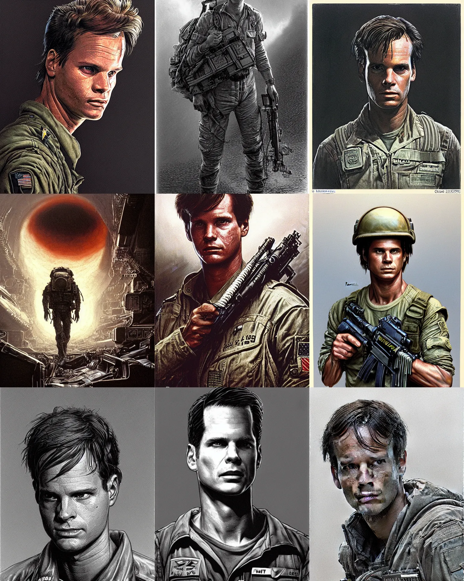 Prompt: private first class william l. hudson ( bill paxton 2 5 years old ) in the film aliens 1 9 8 6, concept art, flat top haircut, round head, highly detailed by greg rutkowski, michael whelan and gustave dore