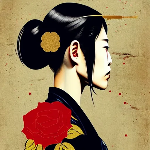 Prompt: portrait of japenese woman :: side profile :: in ocean :: roses and guns metal details :: gold :: blood and horror :: by marvel and Sandra Chevrier