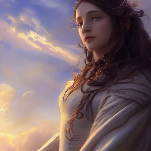 Image similar to cinematic shot collosoal size angel in the clouds sunset digital painting, artstation, concept art, soft light, hdri, smooth, sharp focus, illustration, fantasy, intricate, elegant, highly detailed, D&D, matte painting, in the style of Greg Rutkowski and Alphonse Mucha and artemisia, 8k, highly detailed, jurgens, rutkowski, bouguereau, pastoral, rustic, georgic