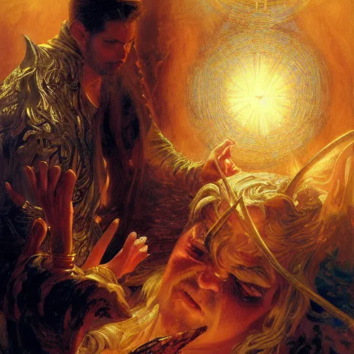 Image similar to attractive male deity casts light spell, summons attractive male lucifer morningstar. highly detailed painting by gaston bussiere, craig mullins, j. c. leyendecker 8 k