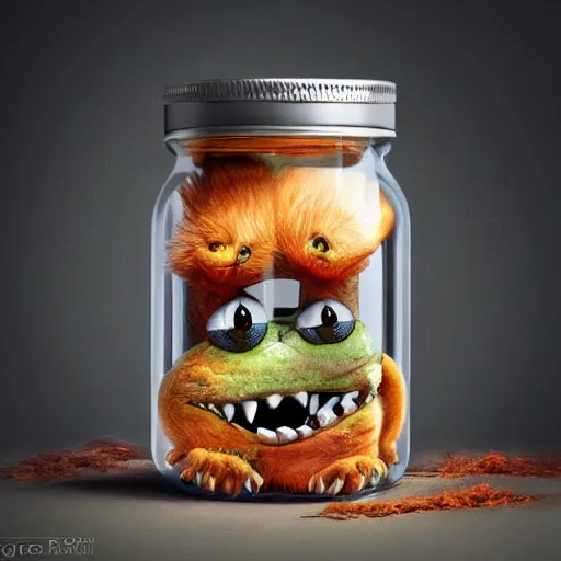 Prompt: cute monster in a jar by Greg Rutkowski, product photography, centered, studio lightning