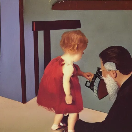 Image similar to painting of beard grandpa taking a photo to a baby girl, by lazlo moholy nagy moholy