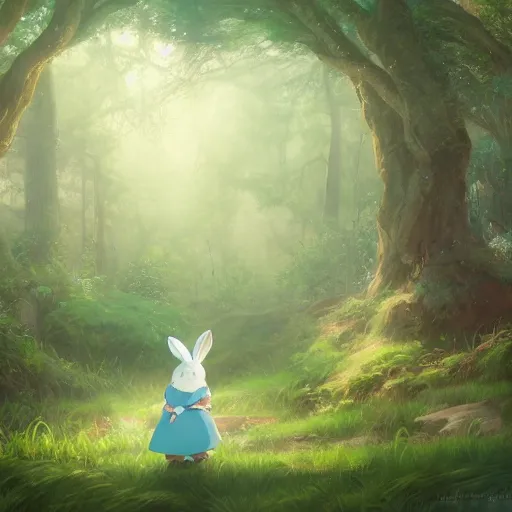 Image similar to concept art painting of a chubby white rabbit wearing a turquoise dress, in the deep forest, realistic, detailed, cel shaded, in the style of makoto shinkai and greg rutkowski and james gurney