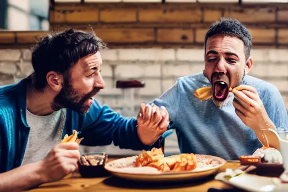Prompt: a man unhinging his jaw while eating dinner with his family