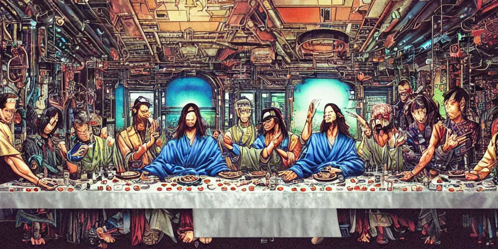 Prompt: the last supper, cyberpunk style, circuits, holy technology, mural art, by yoichi hatakenaka, masamune shirow, josan gonzales and dan mumford, ayami kojima, takato yamamoto, barclay shaw, karol bak, yukito kishiro