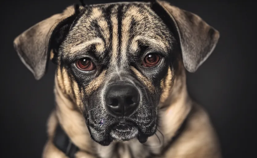 Prompt: studio photography of a dog, detailed face, hyper realistic, cinematic lighting, dark atmosphere, 8 k