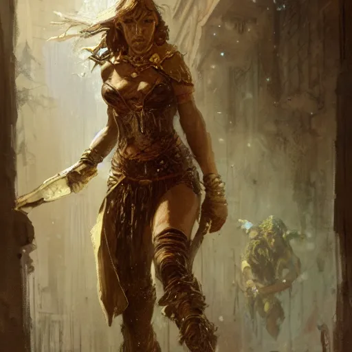 Image similar to a scrappy bronze age thief woman, looking around a corner, fantasy character portrait by gaston bussiere, craig mullins, greg rutkowski