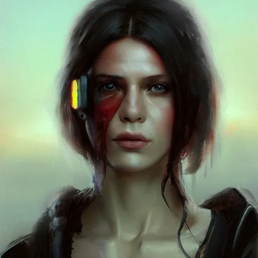 Image similar to close - up portrait of a young beautiful cyberpunk woman, mirror eye implants, black hair in a rough shag, sunset, painted by seb mckinnon, high detail, digital art, painted by greg rutkowski, trending on artstation