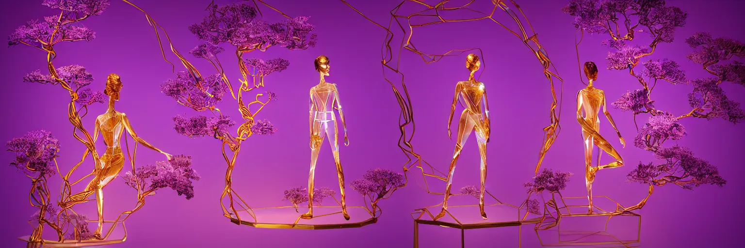 Image similar to beautiful mannequin sculpted out of amethyst by billelis + lit with geometric neon dripping gold + kintsugi, facing a doorway opening with neon pink geometric fractal light + flowering bonsai trees + lighting in background!!, clean linework, dramatic, finely detailed, award winning, 4 k, trending on artstation, photorealistic, volumetric lighting, octane render