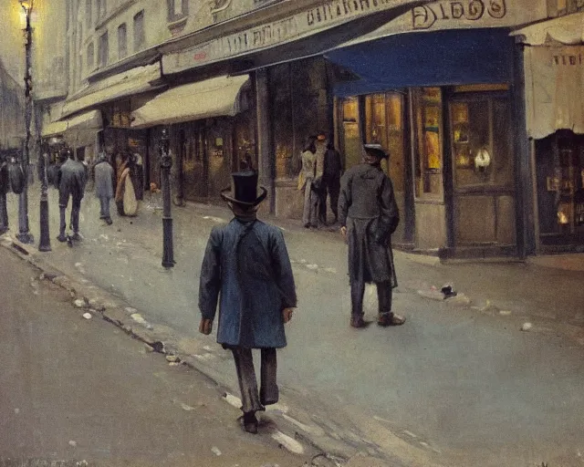 Image similar to a ragged clothed man begging on a street in early 2 0 th century paris. he has a top hat. street lights. evening. warm atmosphere. epic scene. blue vivid colours. 4 k, hyperdetailed. realism