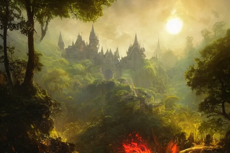 Image similar to single fantasy castle in foreground in the lush forest in the background and a scorching sun moving through the cloudless sky, illustrated by Greg Rutkowski and Gaston Bussiere, 35mm lens, beautiful macro close-up imagery, intense hot lighting, beautiful volumetric-lighting-style atmosphere