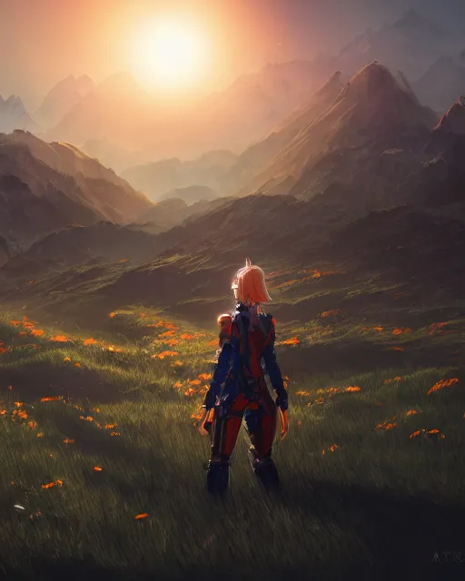 Image similar to friendly carrot cyborg, scifi farm, morning light, cinematic, mountains, atmosphere, welcoming smile, high quality, perfect, 8 k high detail, masterpiece, trending on artstation, by akihiko yoshida