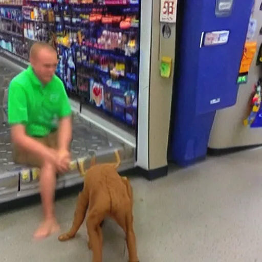 Prompt: drunken scooby at walmart checkout, realistic, cctv