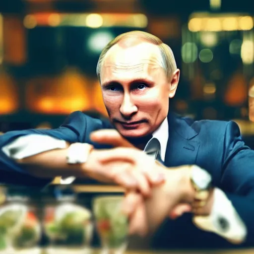 Image similar to a selfie of person looking like vladimir putin sitting on bar, hand on table, rolex watches, taken in night club, blur background, style like real photo