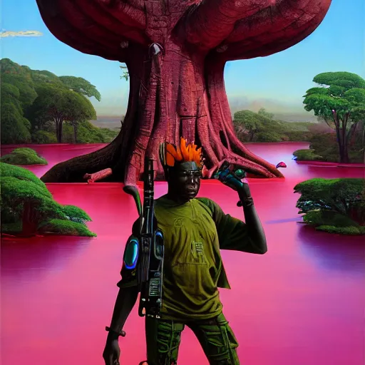 Image similar to a zulu cyberpunk hunter near a pink lake with a giant baobab tree in the middle by thomas blackshear and android jones in a surreal portrait style, oil on canvas, 8k resolution.