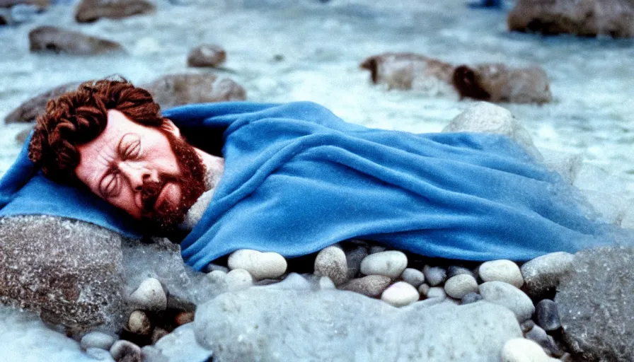 Image similar to 1 9 6 0 s movie still close up of marcus aurelius frozen to death in a blue cape with fur in a river with gravel pebbles, pine forests, cinestill 8 0 0 t 3 5 mm, high quality, heavy grain, high detail, texture, dramatic light, anamorphic, hyperrealistic, detailed hair