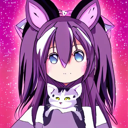 Image similar to digital card art of anime (cat) girl with cat ears surrounded by magic circles. Pink hue. Highly detailed. Beautiful