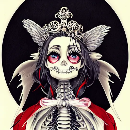 Prompt: anime manga skull portrait young woman clownskeleton, tiara, wings, intricate, elegant, highly detailed, digital art, ffffound, art by JC Leyendecker and sachin teng