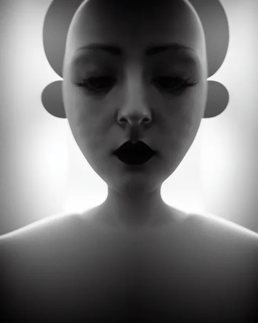 Image similar to black and white high quality photo of a beautiful female AI vegetal-cyborg looking into a sci-fi mirror, volumetric lighting, liminal space, brutalism, foggy, dreamy, hyperdetailed, bokeh, photorealistic, cinematic, masterpiece, Metropolis, Fritz Lang, elegant, dark, by Man Ray in the style of Horst P. Horst, octane render, 8K,