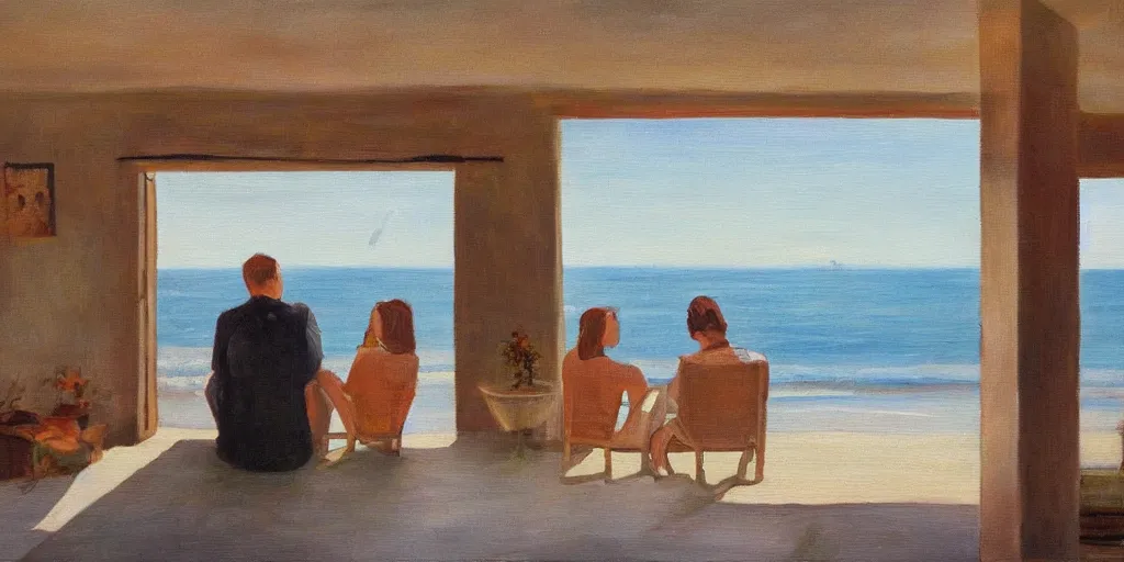 Image similar to a beautiful painting of a man watching the beach view with his wife in their house, oil on canvas