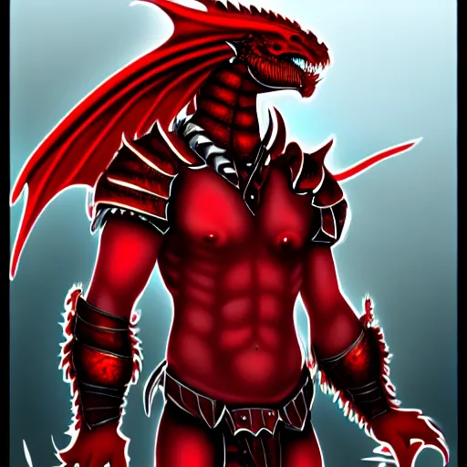 Prompt: a dragonborn with red scales, large red wings, and a red tail with futuristic clothes, trending on art station