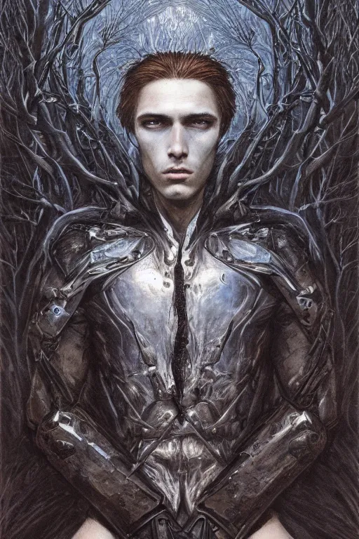 Prompt: portrait of beautiful gothic and futuristic young man, more thunderstorm, cyber armor, a lot of scars, branches from a tree, fire head, the middle ages, highly detailed, artstation, illustration, art by jean delville, 8 k quality, art by greg gandy