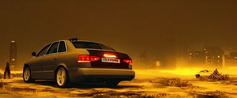 Image similar to Audi A4 B6 Avant (2002), a gritty neo-noir, dramatic lighting, cinematic, eerie person, death, homicide, homicide in the snow, gunshots, establishing shot, extremely high detail, photorealistic, red mist, red fog, chaos, arson, burning city, cinematic lighting, artstation, by simon stalenhag, Max Payne (PC) (2001) winter New York at night, In the style of Max Payne 1 graphic novel, flashing lights, Poets of the Fall - Late Goodbye