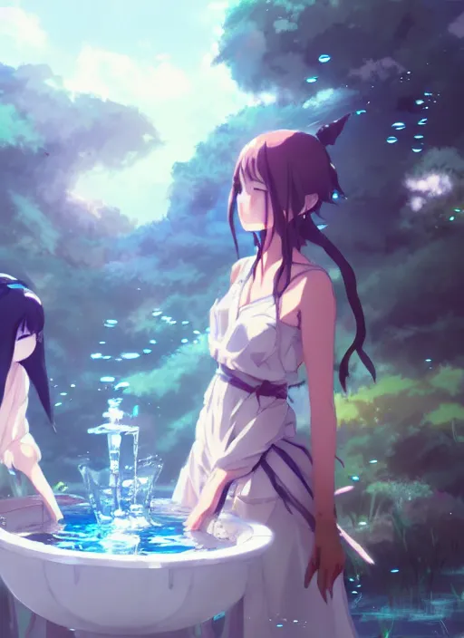 Prompt: 2 girl in fantasy clothes playing water. illustration concept art anime key visual trending pixiv fanbox by wlop and greg rutkowski and makoto shinkai and studio ghibli