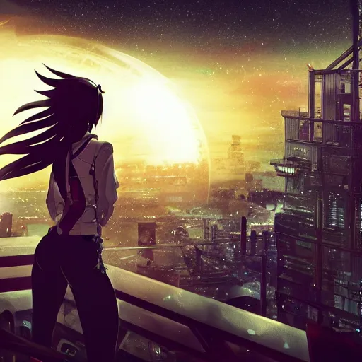 Prompt: android mechanical cyborg anime girl overlooking overcrowded urban dystopia. long flowing hair. gigantic future city. pitch black night. raining. makoto shinkai. wide angle. distant shot. dark and dreary. solar eclipse dark sky.