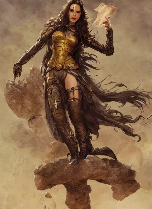 Image similar to highly detailed steampunk gal gadot standing on a boulder : leonardo da vinci, greg rutkowski, magali villeneuve