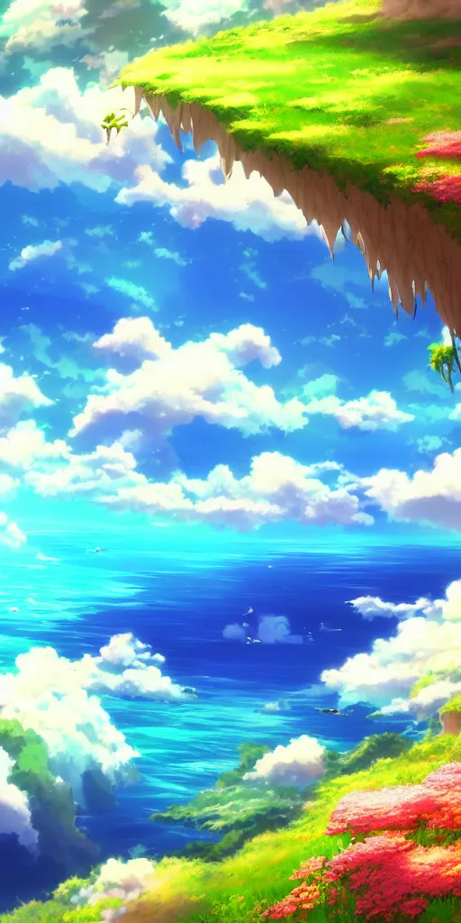 Prompt: A beautiful anime illustration of an ocean coast, cliffs, wildflowers, breathtaking clouds, wide angle, very detailed, deviantart, 4k vertical wallpaper, tropical, colorful, airy, anime illustration, anime nature wallpap