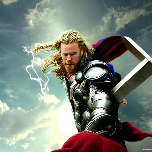 Prompt: thor falling from the bifrost, daylight, cinematic lighting, cinematic perspective, by weta digital, by weta fx