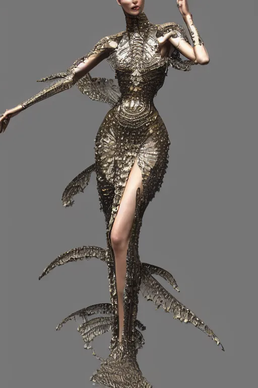 Image similar to a highly detailed 4 k render of a divine alien goddess bella hadid in iris van herpen dress schiaparelli in diamonds in style of alphonse mucha trending on artstation made in unreal engine 4