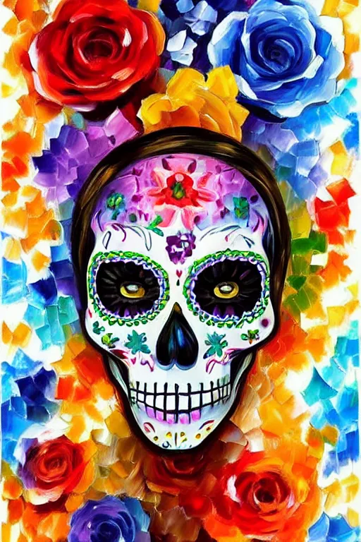 Image similar to illustration of a sugar skull day of the dead girl, art by leonid afremov
