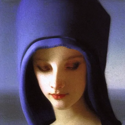 Image similar to a young woman's face, her hair is white and she wears a cobalt blue satin cloak, by ivan aivazovsky and syd mead and moebius and gaston bussiere and roger dean and pieter claesz and paul delaroche and alma tadema and aelbert cuyp and gerard borch, hyperrealistic, volumetric light, octane render