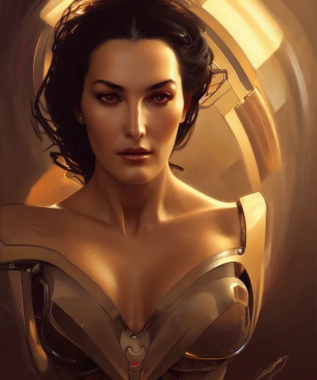 Image similar to a robot with a monica bellucci face, sci - fi face, elegant, highly detailed, digital painting, artstation, concept art, smooth, sharp focus, illustration, art by artgerm and greg rutkowski and alphonse mucha