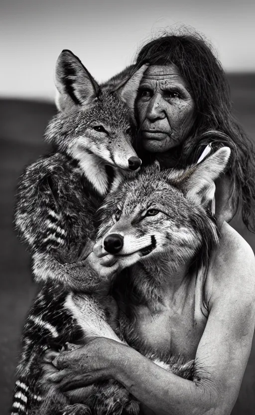Image similar to Award winning Editorial photo of a Iroquois Native petting a wild coyote by Edward Sherriff Curtis and Lee Jeffries, 85mm ND 5, perfect lighting, gelatin silver process