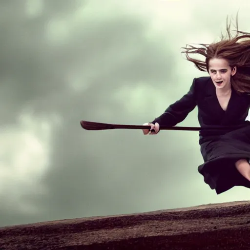 Image similar to a 4k photo of Emma Watson flying in a magical broomstick