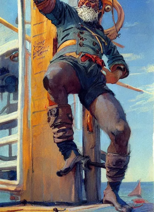 Prompt: portrait of grizzled sailor on ship deck, coherent! by brom, by frank frazetta, vibrant color, strong line, minimalism, high contrast