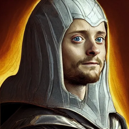 Image similar to Elijah wood, with an overwhelmed facial expression, as high level paladin in armor that is slightly to big for him, dungeons and dragons portrait, highly_detailed!!, Highly_detailed_face!!!, artstationhq, concept art, sharp focus, illustration, art by Leonardo da Vinci and Michelangelo and Botticelli