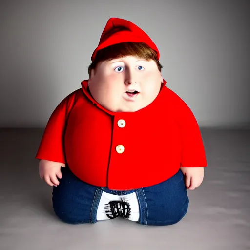 Image similar to a real life photograph of Eric Cartman from South Park. Hyper real, short obese kid with a red coat and a hat, portrait photography, studio lighting