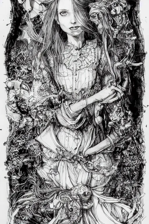 Image similar to portrait Alice in wonderland tarot card , pen and ink, intricate line drawings, by Yoshitaka Amano, Ruan Jia, Kentaro Miura, Artgerm, watercolor