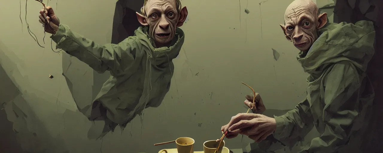 Prompt: duotone olive illustration 3 / 4 portrait of gollum drinking yerba mate from wooden cup symmetrical composition accidental renaissance golden ratio. by sachin teng and sergey kolesov and ruan jia and heng z. graffiti art, scifi, fantasy, hyper detailed. octane render. concept art. trending on artstation