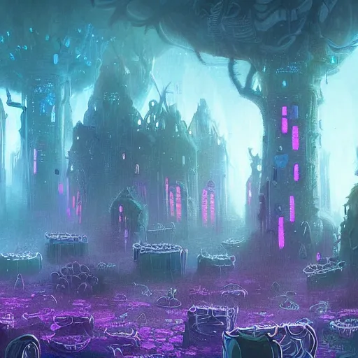 Image similar to concept art detailed painting of a dark purple fungal fairytale city made of mushrooms, with glowing blue lights, in the style of jordan grimmer and neil blevins and wayne barlowe