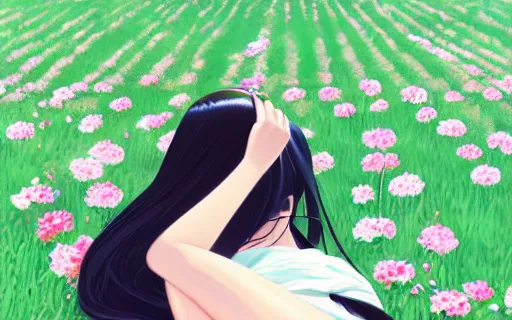 Image similar to little girl with her long black hair dressed in a simple white dress laying down on a flowery field, anime art style, digital art by ilya kuvshinov, inspired by balthus, hd, 4 k, hyper detailed, rear view