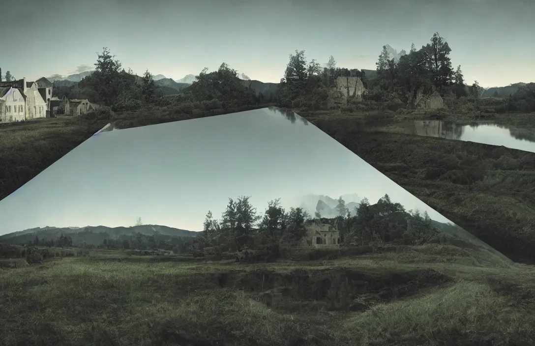 Image similar to reflection of the hills actually impossible intact flawless ambrotype from 4 k criterion collection remastered cinematography gory horror film, ominous lighting, evil theme wow photo realistic postprocessing illusion of depth render by gregory crewdson royal garden design by andre le notre