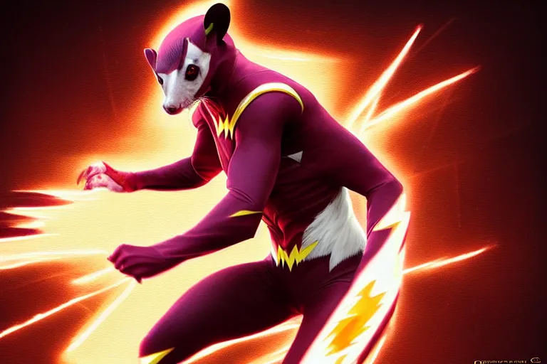 Image similar to a stunning digital painting of a opossum as the flash in spandex costume, running in the speedforce by greg rutkowski, volumetric light, digital art, fine detail, photorealistic