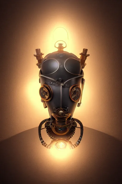 Image similar to steampunk mask minimalist fantasy art robot ninja helmet, global illumination ray tracing hdr fanart arstation by sung choi and eric pfeiffer and gabriel garza and casper konefal radiating a glowing aura