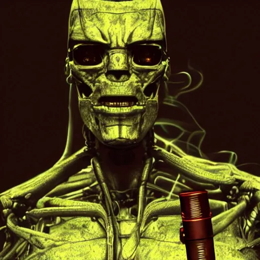 Image similar to cinematic, 4 k, full body portrait, rock golem as a soldier smoking a cigarette, still from the movie universal soldier, still from the movie terminator, still from the movie aliens, fog, dramatic lighting, full body shot, backlit, rim lighting, bladerunner, extreme detail, light rain, trending on artstation, spot light